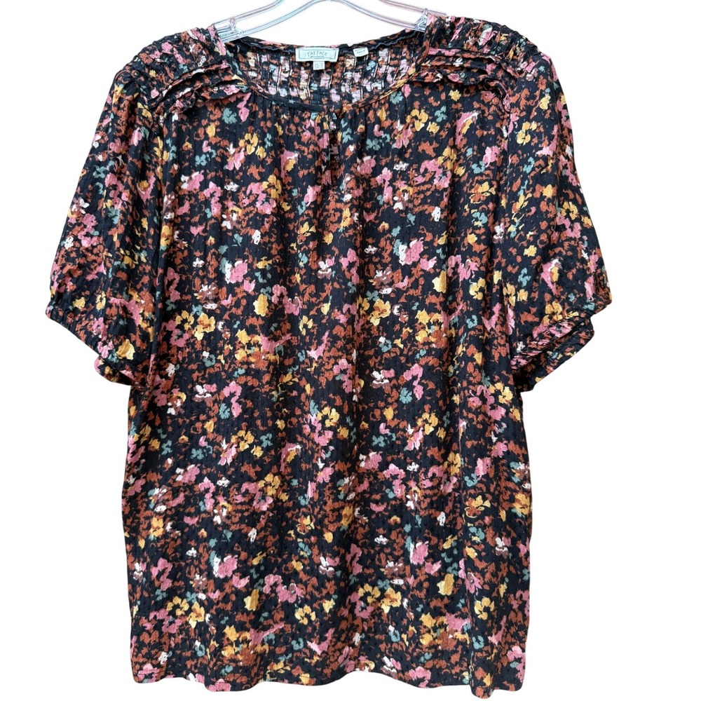 Fat‎ Face Women Black Floral Ruffle Smocked Short Sleeve Blouse USA 12 UK 16